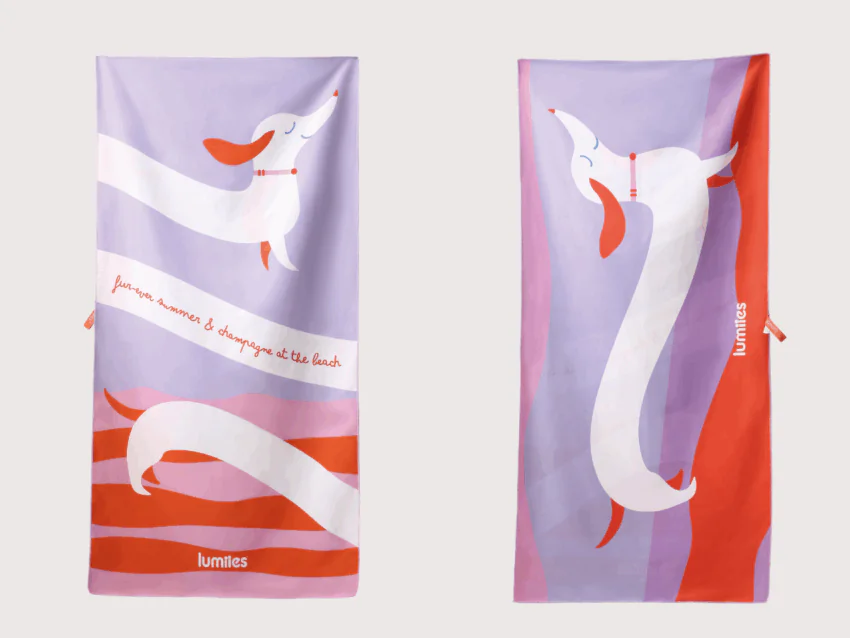 elbhunde lumiies handtuch the beach towel dackel lilac sunset