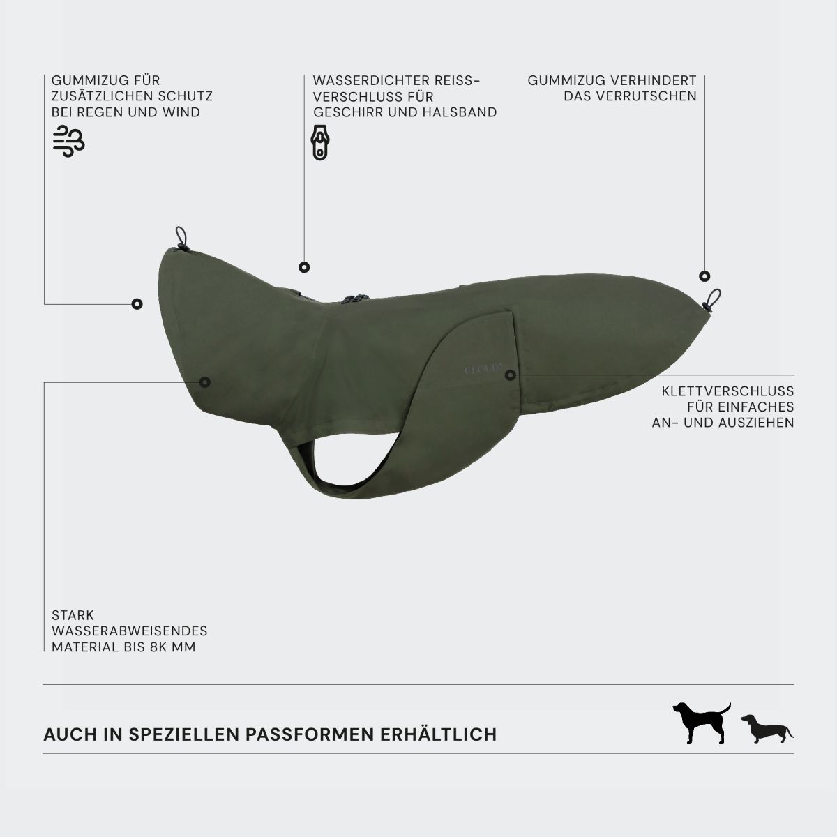 elbhunde cloud7 hunderegenmantel dublin 2.0 dackel dark olive uebersicht